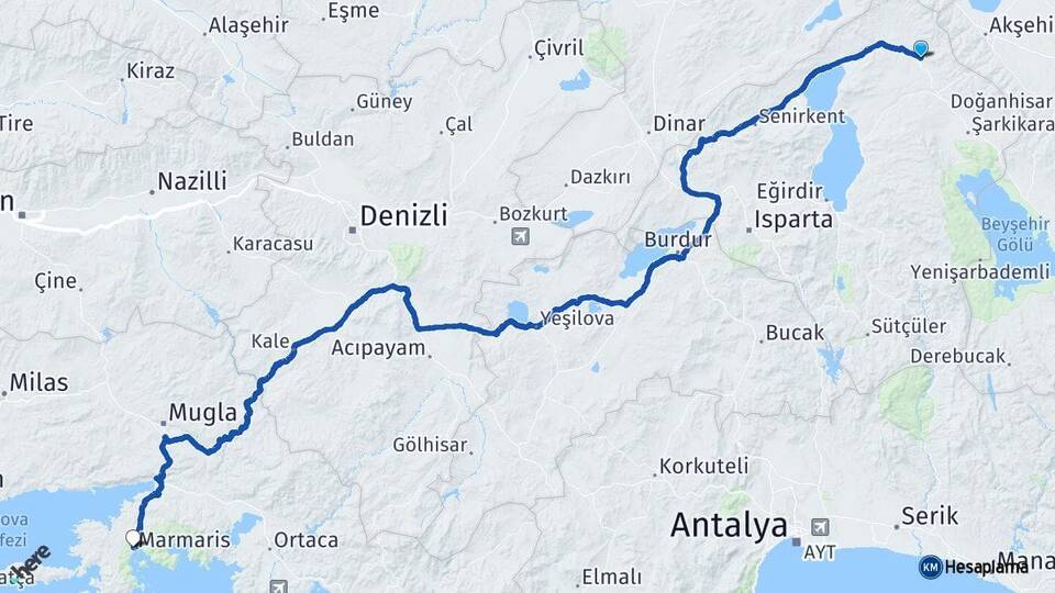 Isparta Yalvaç Marmaris Muğla Arası Kaç Km - Yol Haritası