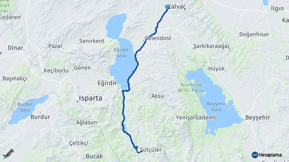 Isparta Yalvaç Sütçüler Arası Kaç Km - Yol Haritası