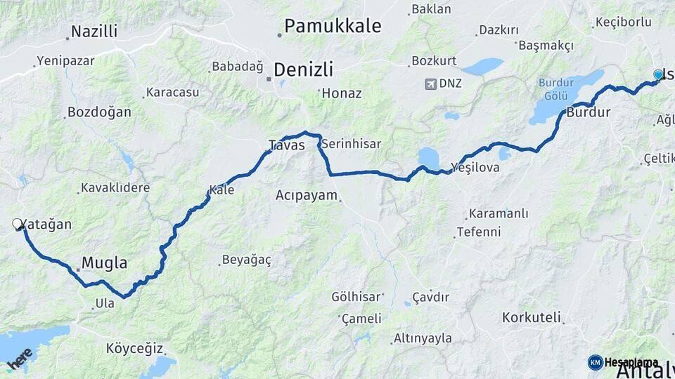 Isparta Yatağan Muğla Arası Kaç Km - Yol Haritası