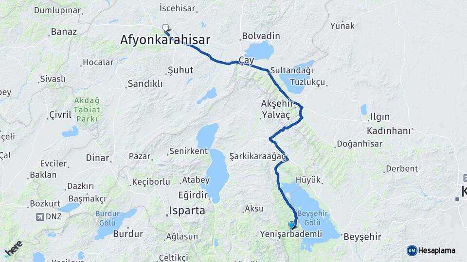 Isparta Yenişarbademli Afyonkarahisar Arası Kaç Km - Yol Haritası