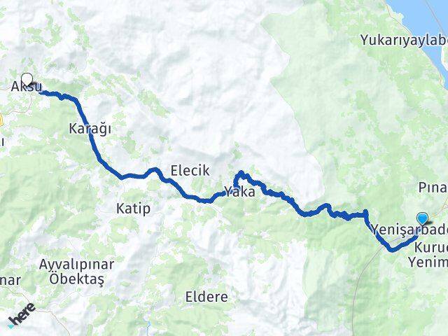 Isparta Yenişarbademli Aksu Arası Kaç Km - Yol Haritası