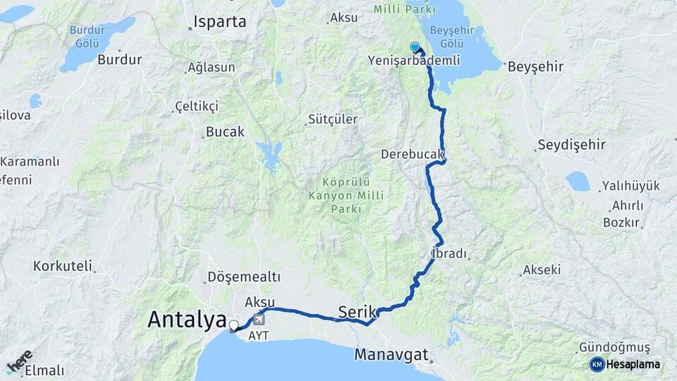 Isparta Yenişarbademli Antalya Arası Kaç Km - Yol Haritası