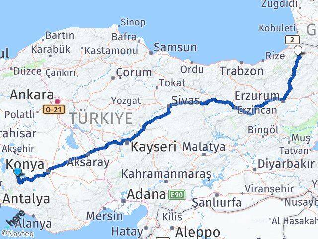 Isparta Yenişarbademli Artvin Arası Kaç Km - Yol Haritası