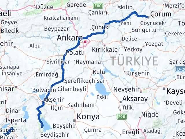 Isparta Yenişarbademli Çorum Arası Kaç Km - Yol Haritası
