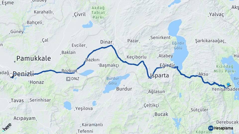 Isparta Yenişarbademli Denizli Arası Kaç Km - Yol Haritası
