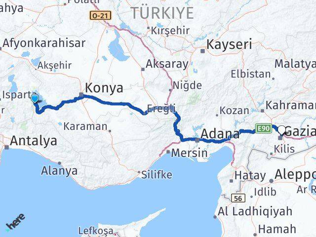 Isparta Yenişarbademli Gaziantep Arası Kaç Km - Yol Haritası