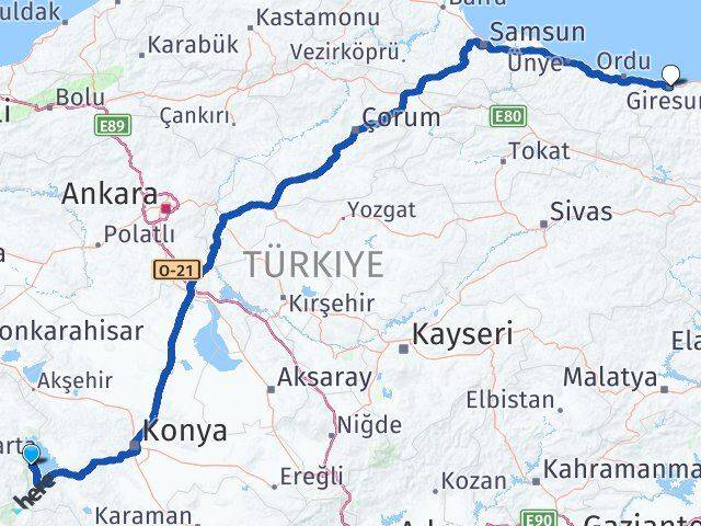 Isparta Yenişarbademli Giresun Arası Kaç Km - Yol Haritası