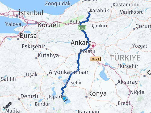 Isparta Yenişarbademli Karabük Arası Kaç Km - Yol Haritası