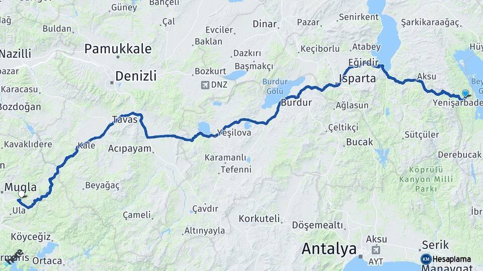 Isparta Yenişarbademli Muğla Arası Kaç Km - Yol Haritası