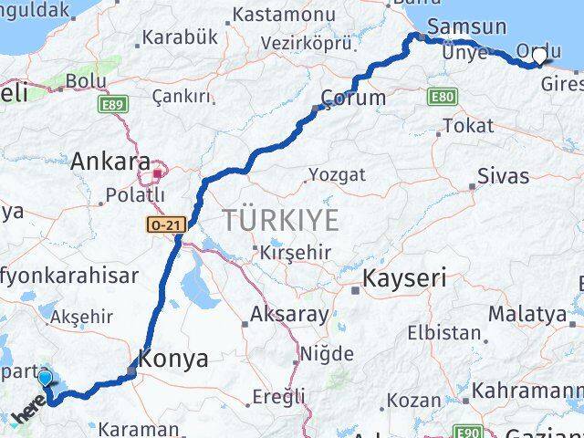 Isparta Yenişarbademli Ordu Arası Kaç Km - Yol Haritası