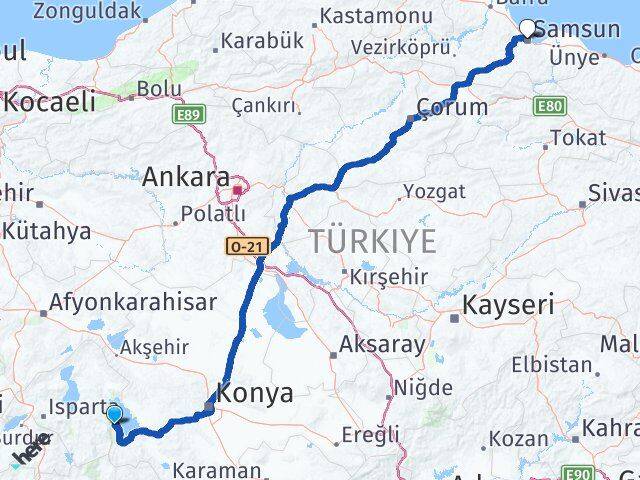 Isparta Yenişarbademli Samsun Arası Kaç Km - Yol Haritası