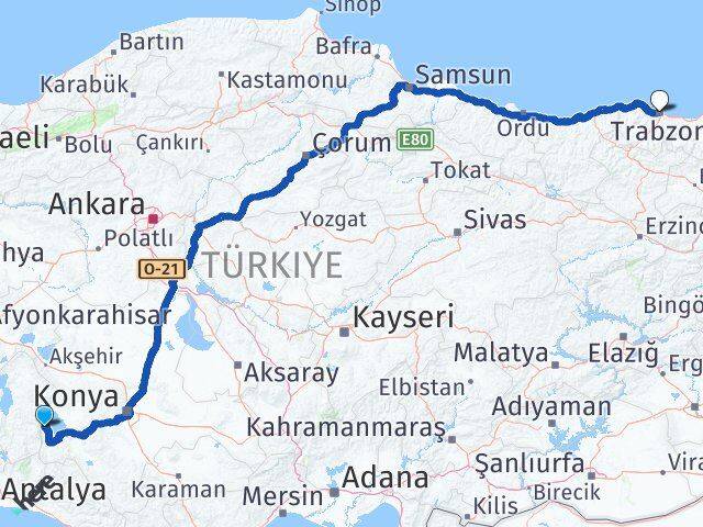 Isparta Yenişarbademli Trabzon Arası Kaç Km - Yol Haritası