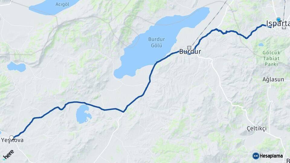 Isparta Yeşilova Burdur Arası Kaç Km - Yol Haritası
