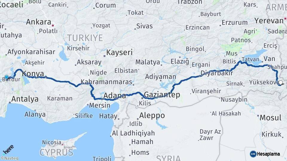 Isparta Yüksekova Hakkari Arası Kaç Km - Yol Haritası