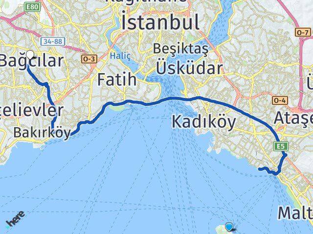 İstanbul Adalar Kınalıada Bağcılar Arası Kaç Km - Yol Haritası
