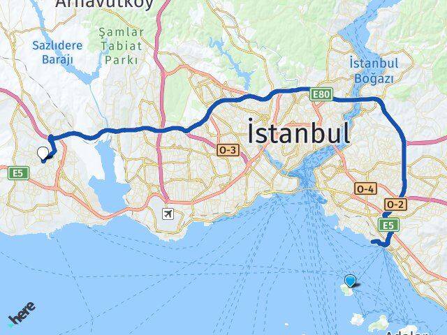 İstanbul Adalar Kınalıada Esenyurt Arası Kaç Km - Yol Haritası