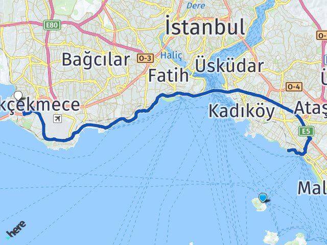 İstanbul Adalar Kınalıada Küçükçekmece Arası Kaç Km - Yol Haritası