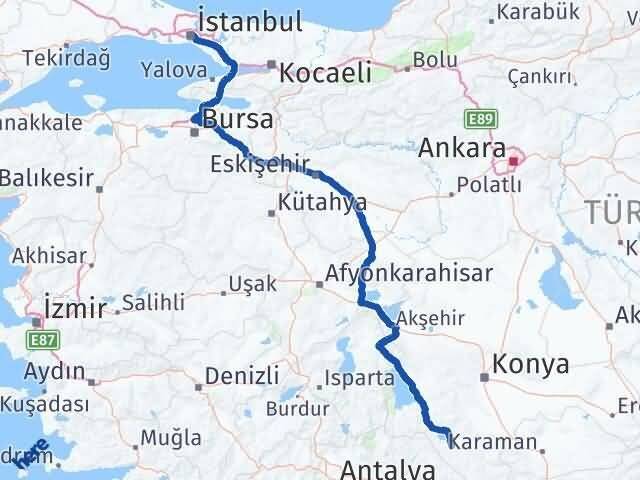 İstanbul Ahırlı Konya Arası Kaç Km - Yol Haritası