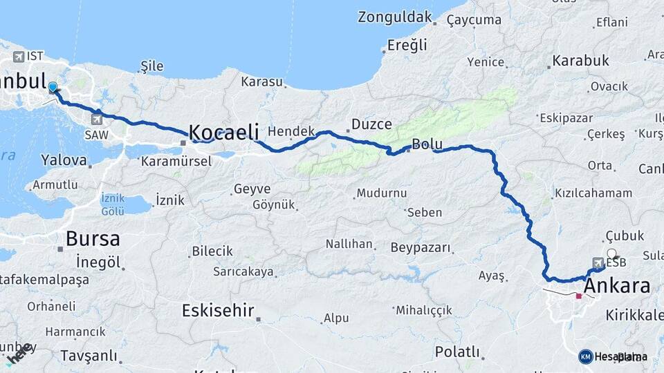 İstanbul Akyurt Ankara Arası Kaç Km - Yol Haritası