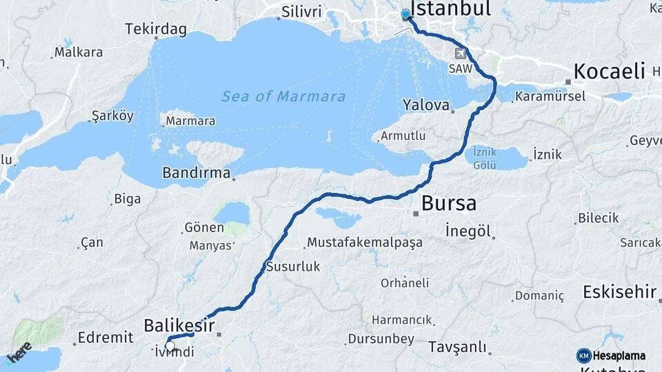İstanbul Altıeylül Balıkesir Arası Kaç Km - Yol Haritası