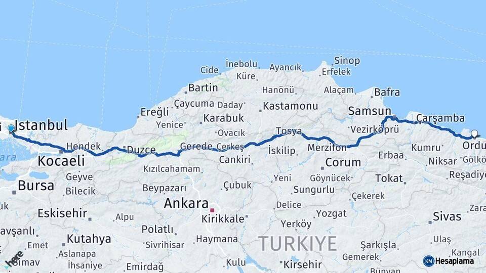 İstanbul Altınordu Arası Kaç Km - Yol Haritası