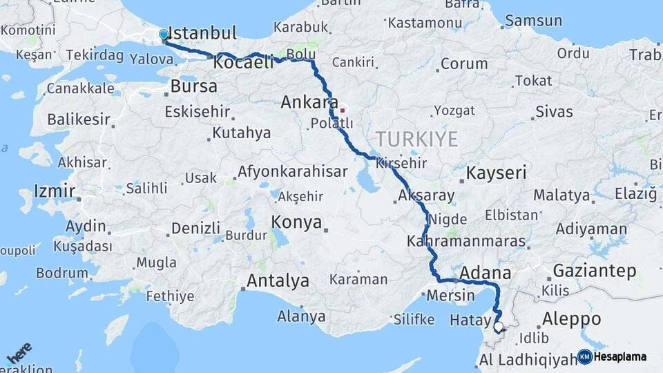 İstanbul Altınözü Hatay Arası Kaç Km - Yol Haritası