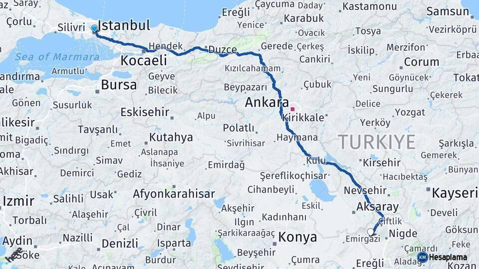 İstanbul Altunhisar Niğde Arası Kaç Km - Yol Haritası