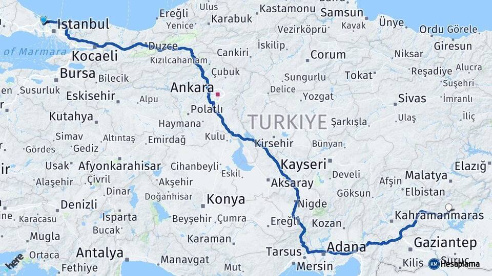 İstanbul Arnavutköy Adıyaman Arası Kaç Km - Yol Haritası