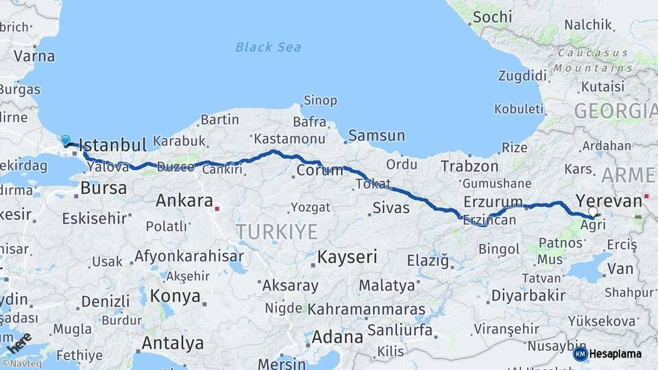İstanbul Arnavutköy Ağrı Arası Kaç Km - Yol Haritası