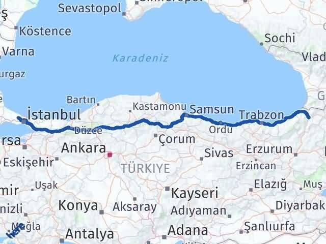 İstanbul Arnavutköy Artvin Arası Kaç Km - Yol Haritası