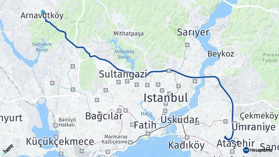 İstanbul Arnavutköy Ataşehir Arası Kaç Km - Yol Haritası