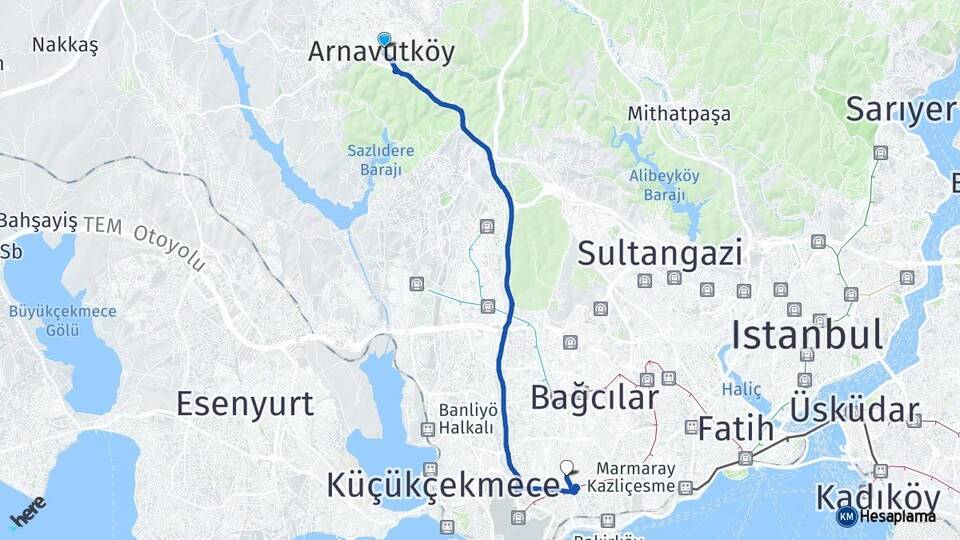 İstanbul Arnavutköy Bahçelievler Arası Kaç Km - Yol Haritası