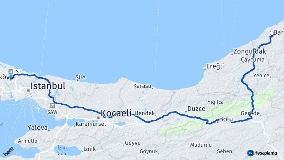 İstanbul Arnavutköy Bartın Arası Kaç Km - Yol Haritası