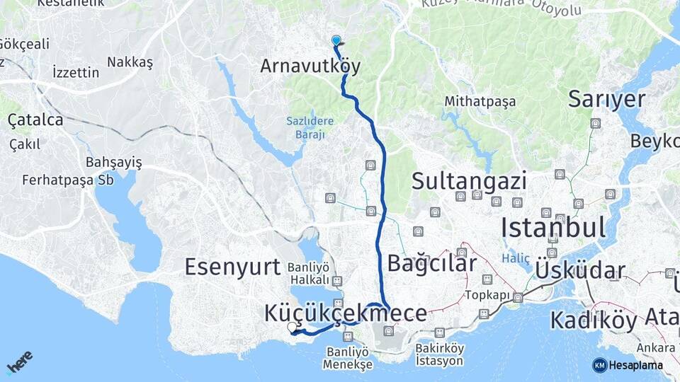 İstanbul Arnavutköy Bolluca Avcılar Arası Kaç Km - Yol Haritası