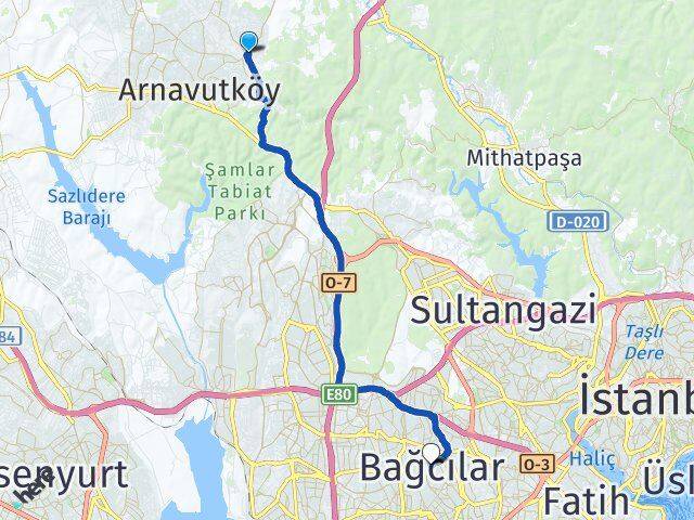 İstanbul Arnavutköy Bolluca Bağcılar Arası Kaç Km - Yol Haritası