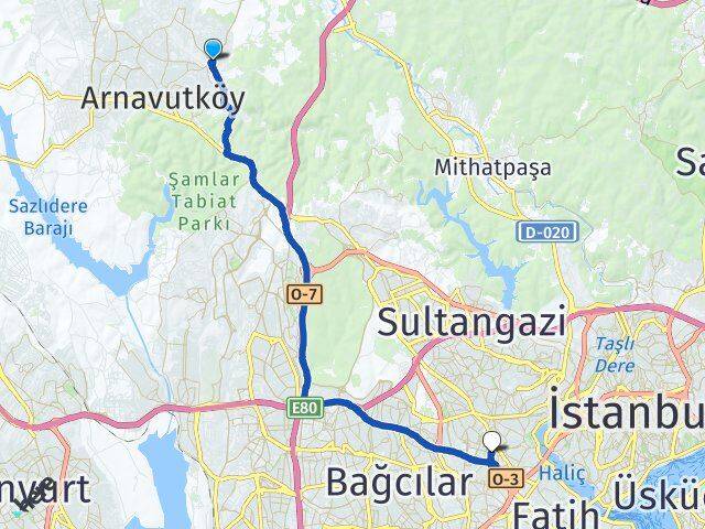 İstanbul Arnavutköy Bolluca Bayrampaşa Arası Kaç Km - Yol Haritası