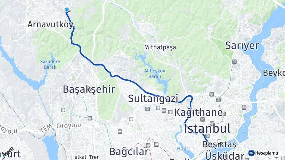 İstanbul Arnavutköy Bolluca Beşiktaş Arası Kaç Km - Yol Haritası