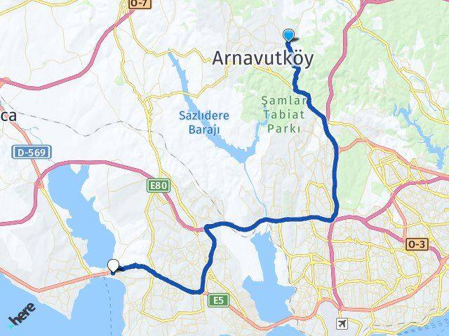 İstanbul Arnavutköy Bolluca Büyükçekmece Arası Kaç Km - Yol Haritası