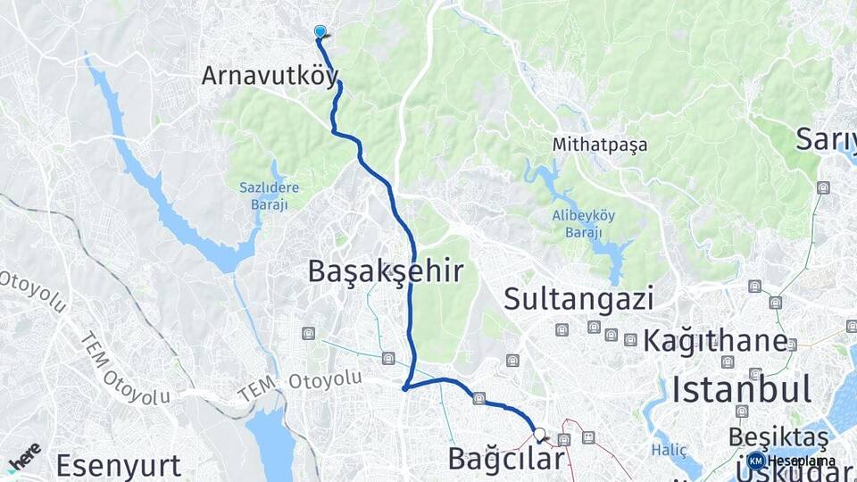 İstanbul Arnavutköy Bolluca Esenler Arası Kaç Km - Yol Haritası