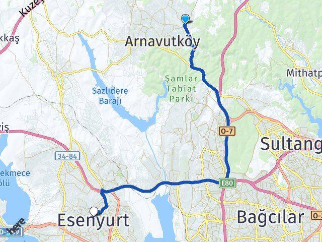 İstanbul Arnavutköy Bolluca Esenyurt Arası Kaç Km - Yol Haritası
