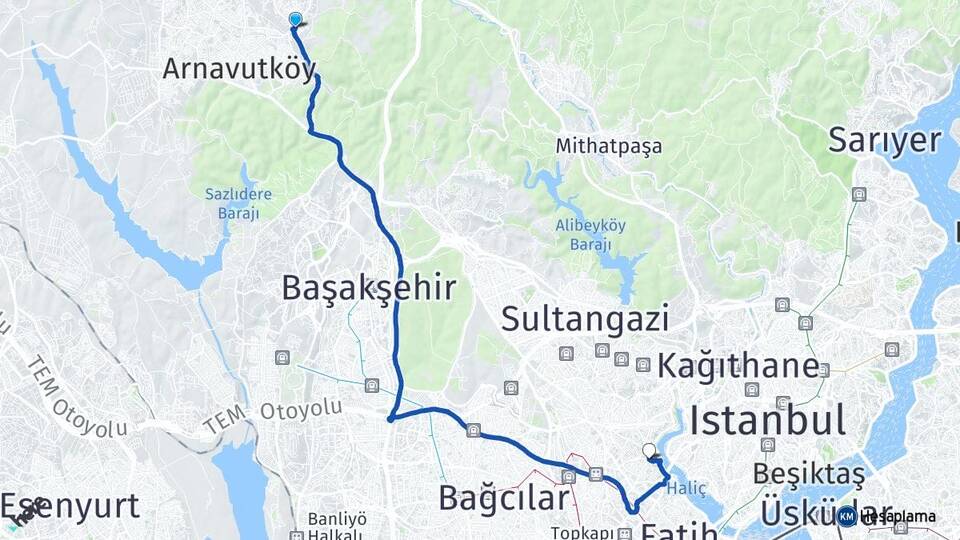 İstanbul Arnavutköy Bolluca Eyüpsultan Arası Kaç Km - Yol Haritası