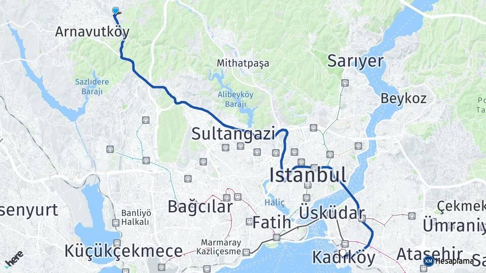 İstanbul Arnavutköy Bolluca Kadıköy Arası Kaç Km - Yol Haritası