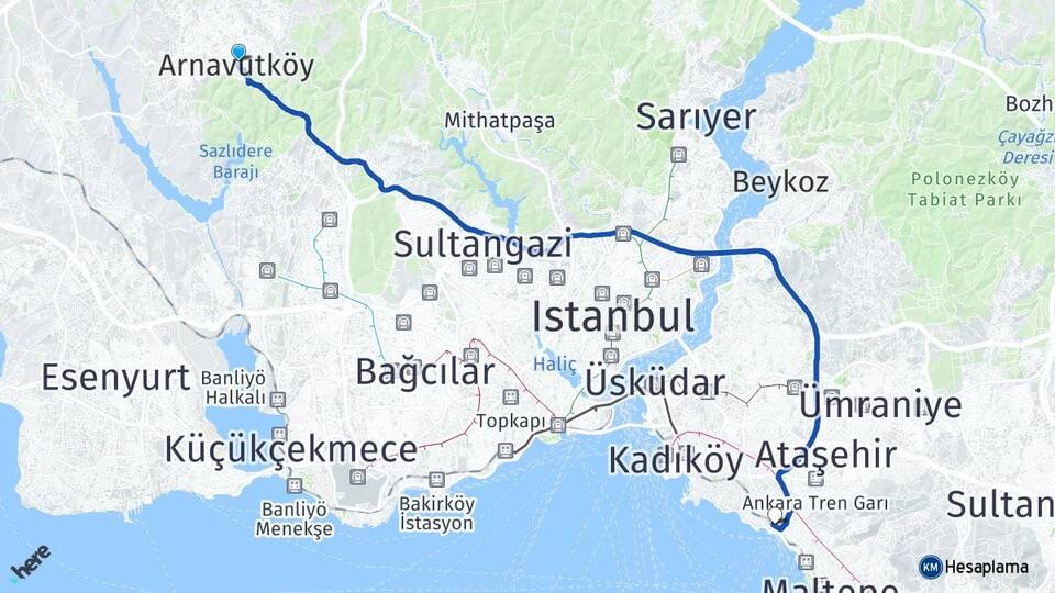 İstanbul Arnavutköy Bostancı Kadıköy Arası Kaç Km - Yol Haritası