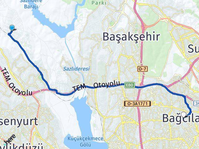 İstanbul Arnavutköy Deliklikaya Bağcılar Arası Kaç Km - Yol Haritası