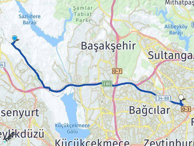 İstanbul Arnavutköy Deliklikaya Bayrampaşa Arası Kaç Km - Yol Haritası