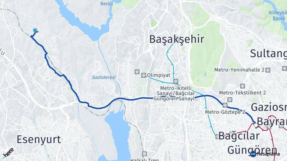 İstanbul Arnavutköy Deliklikaya Esenler Arası Kaç Km - Yol Haritası