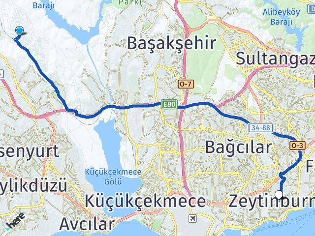 İstanbul Arnavutköy Deliklikaya Zeytinburnu Arası Kaç Km - Yol Haritası