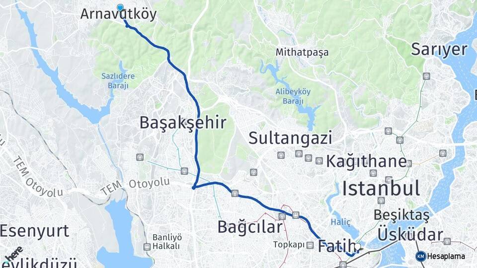 İstanbul Arnavutköy Eminönü Fatih Arası Kaç Km - Yol Haritası