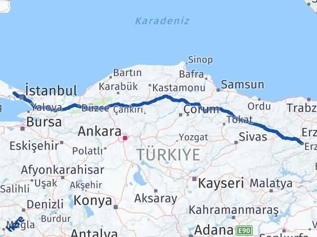 İstanbul Arnavutköy Erzincan Arası Kaç Km - Yol Haritası
