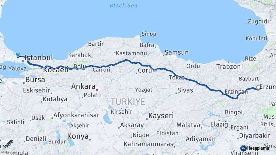 İstanbul Arnavutköy Erzurum Arası Kaç Km - Yol Haritası